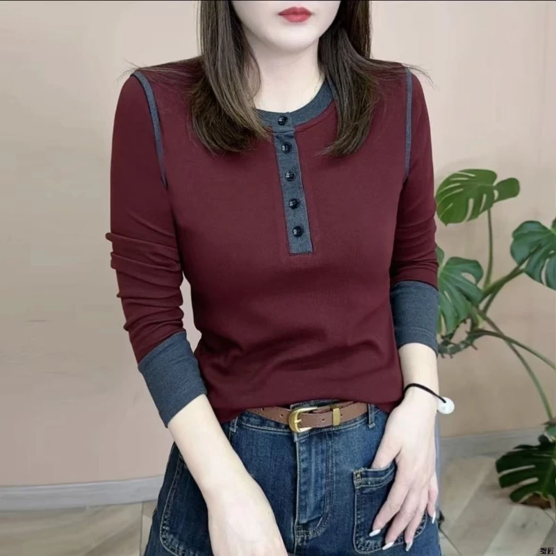 

Long Sleeve Button Contrast Patchwork Casual Tops Spring Autumn New Women Clothing All-match Vintage T Shirts Fashion Harajuku