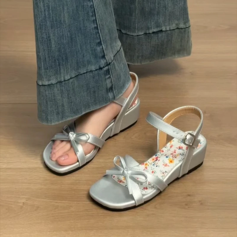 Summer Open Toe Wedges Heel Women Sandals Fashion Butterfly-knot Floral Singbacks Pumps Elegant Party Dress Female Sandalias