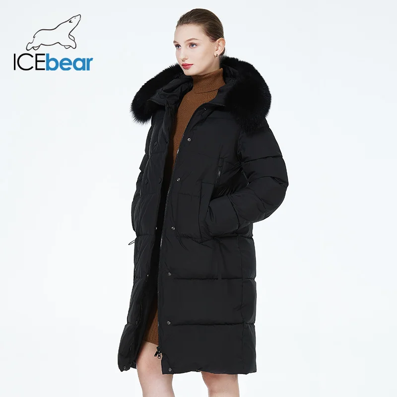 ICEbear 2023 new womens winter long coat fur hood Warm Windproof Female Coat Pockets Zipper Parka GWD3935-2I