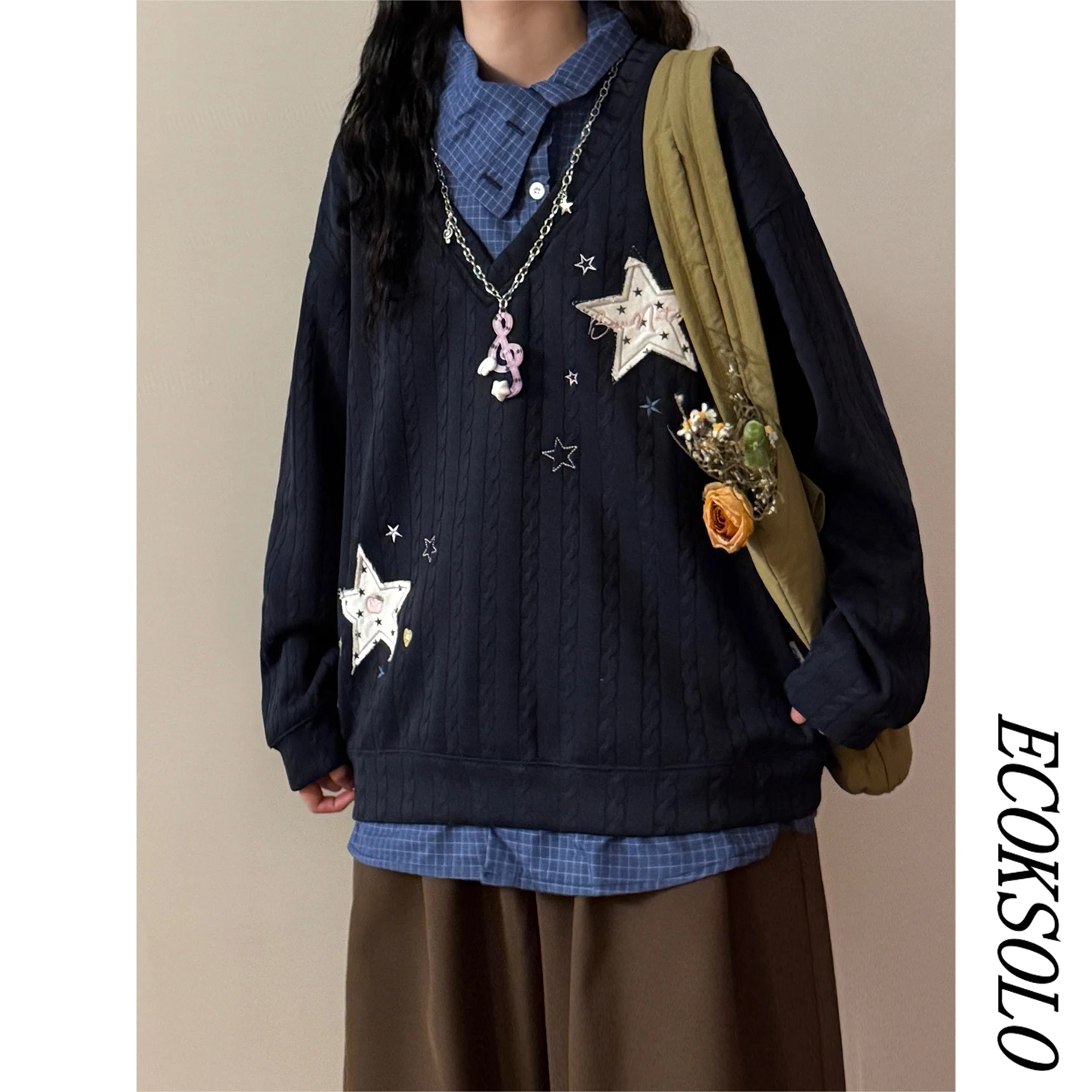 Loose Knitted Star Print Sweatshirt Women's Autumn New Style Fake Two-Piece College Style Top Eco-Friendly Fashion Design