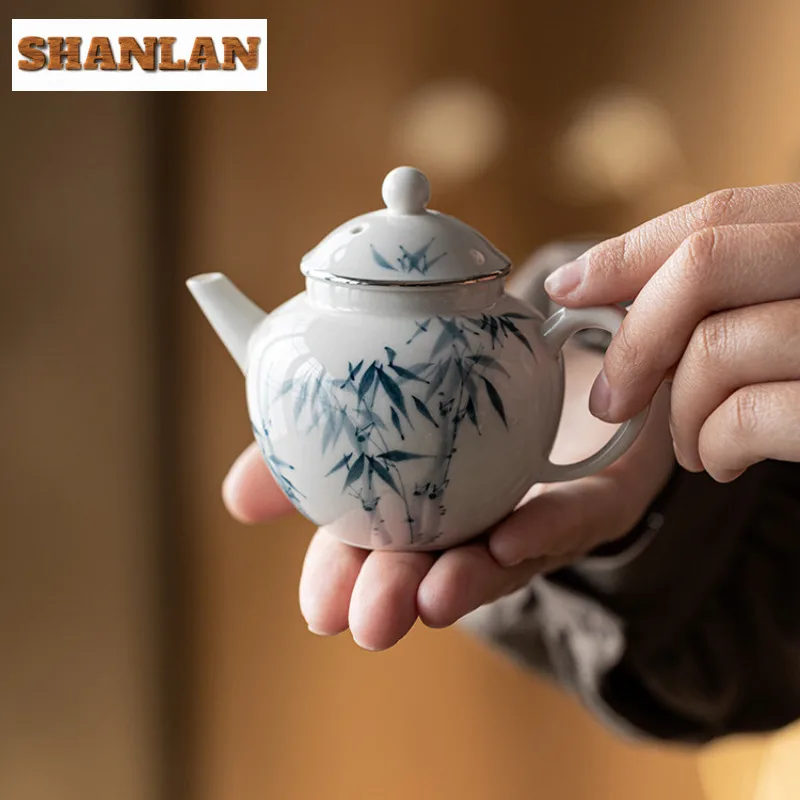 140ml Plant Ash Hand-painted Blue Bamboo Teapot Creative Tea Infuser Pot Tea Soaking Kettle with Ball Hole Tea Ceremony Gift