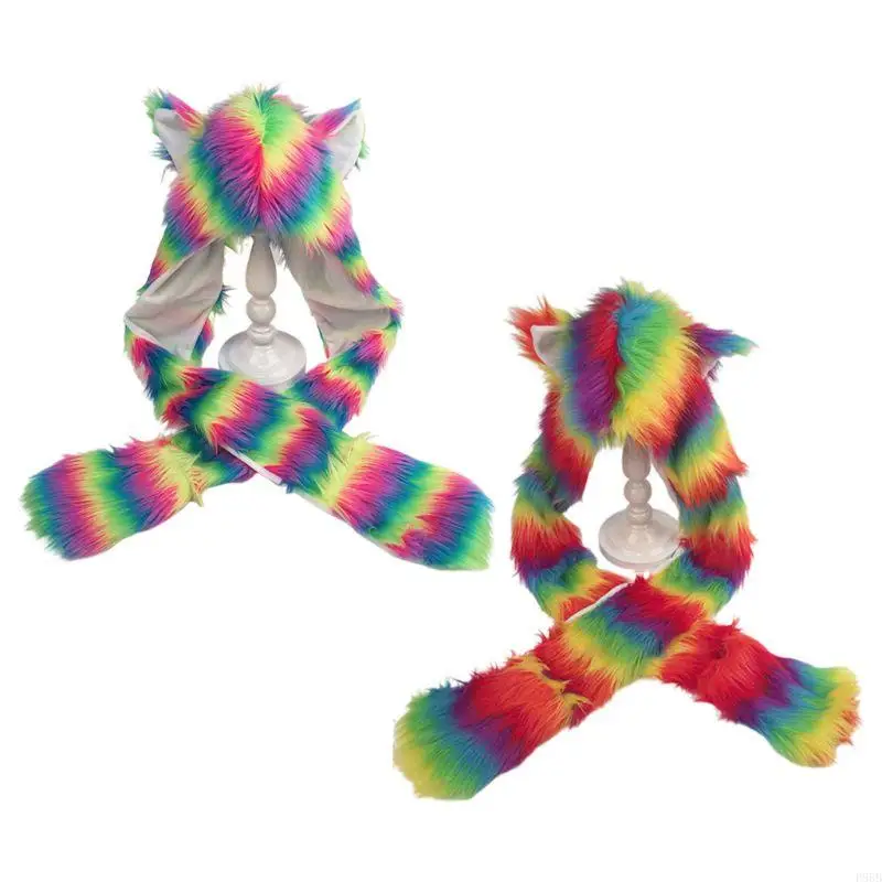 

P88B 3 In 1 Women Girls Rainbow Plush Wolf Ears Animal Hat Hoodie Scarf Earflap with Paws Mittens Gloves