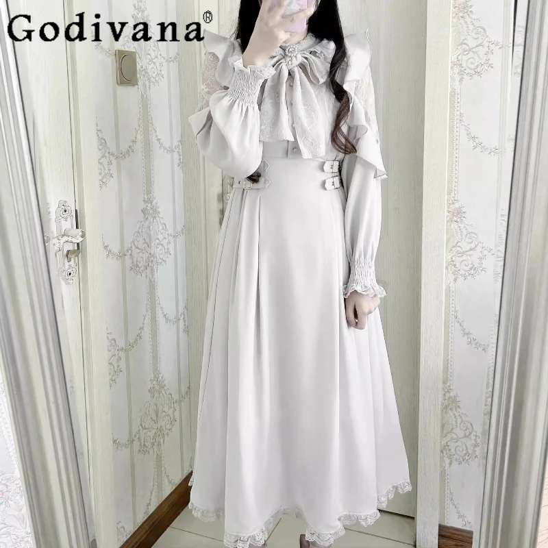 ญี่ปุ่น Rojita ลูกไม้ Ruffle ชุดผู้หญิงขอบเอวแขนยาวหญิงฤดูใบไม้ผลิ Subculture เอวสูงชุดยาว