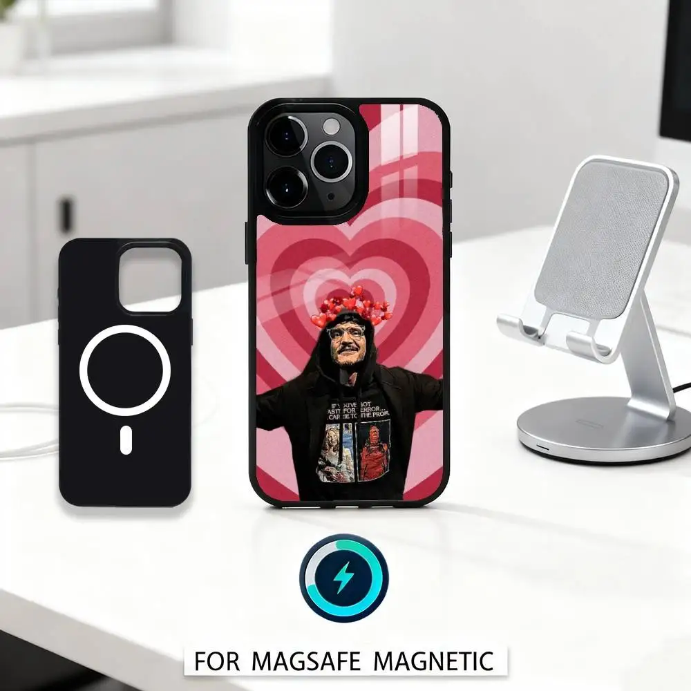 Pedro Pascal con sfondo H-heart Custodia per telefono per iPhone 16,15,14,13,12,Pro,Max, magnetica per ricarica wireless Magsafe