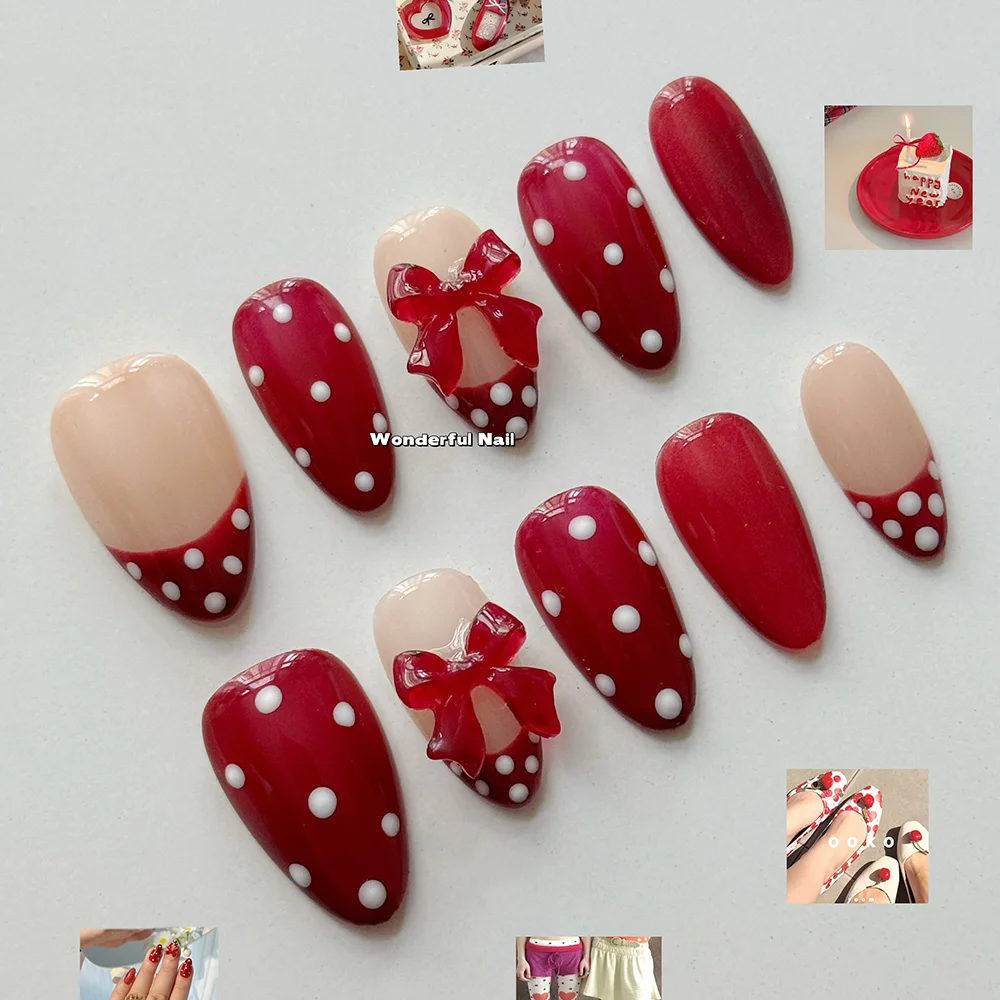 10Pcs Sweet Lovely Handmade Almond Coffin Removable French Press On Nails 3D Flower Bowknot Diamond Pearl Cherry Fake Nails