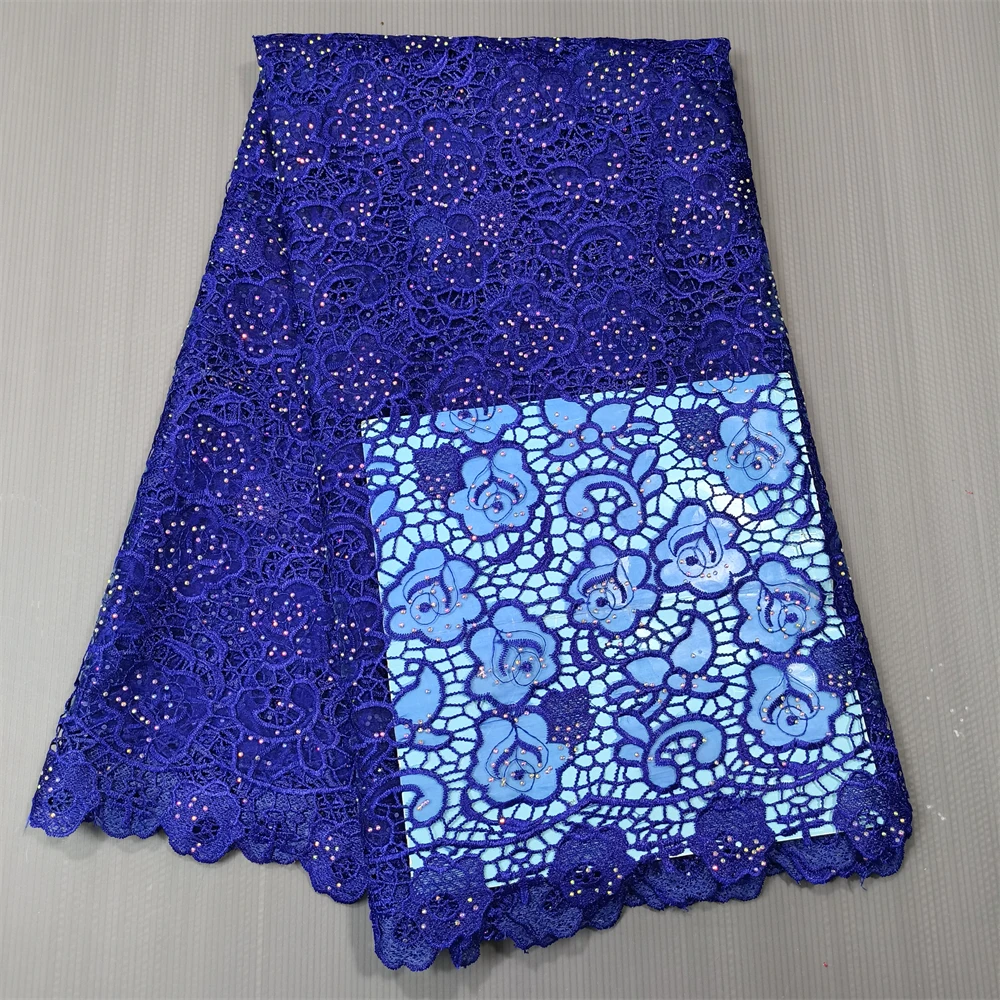 Cavo di organza blu royal pizzo africano ricamo guipure di alta qualità pizzo francese con pietre abito da festa da donna da 5 metri