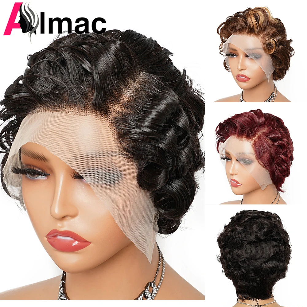 Perruque Lace Front Wig Indienne Naturelle Bouclée, Cheveux Courts, Coupe Pixie, 13x4, Ondulée, Transparente, pour Femme Africaine