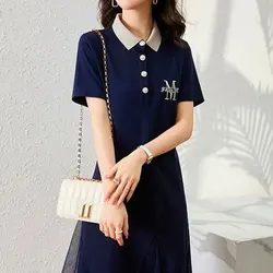 Female Clothing Letter Embroidery Dresses Commute Turn-down Collar Button Summer A-Line Waist Stylish Gauze Spliced Midi Dress