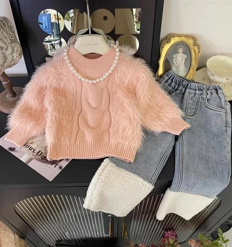 

Зимний новый дизайн для девочек из плотного бархата и теплые джинсы с вышивкой по краям