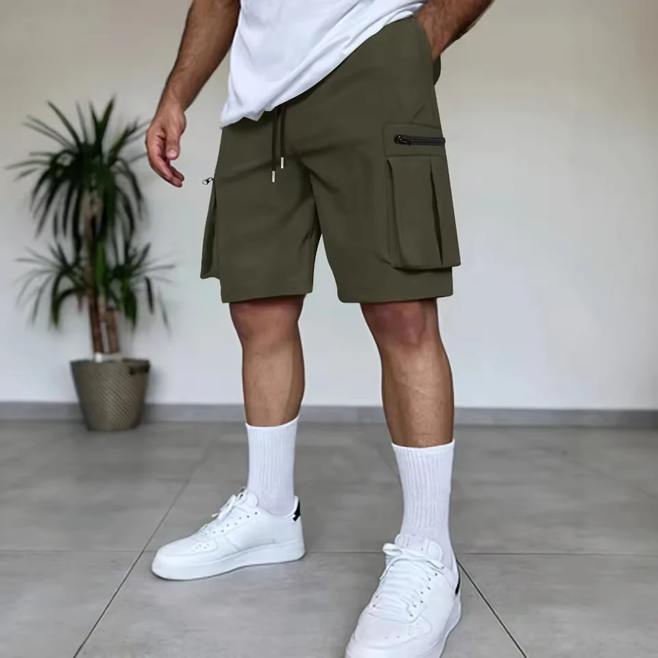 

2025 Summer New Fashion Men's Solid Color Loose Drawstring Multi Pocket Shorts Casual Trendy Thin Cargo Shorts Male Clothes