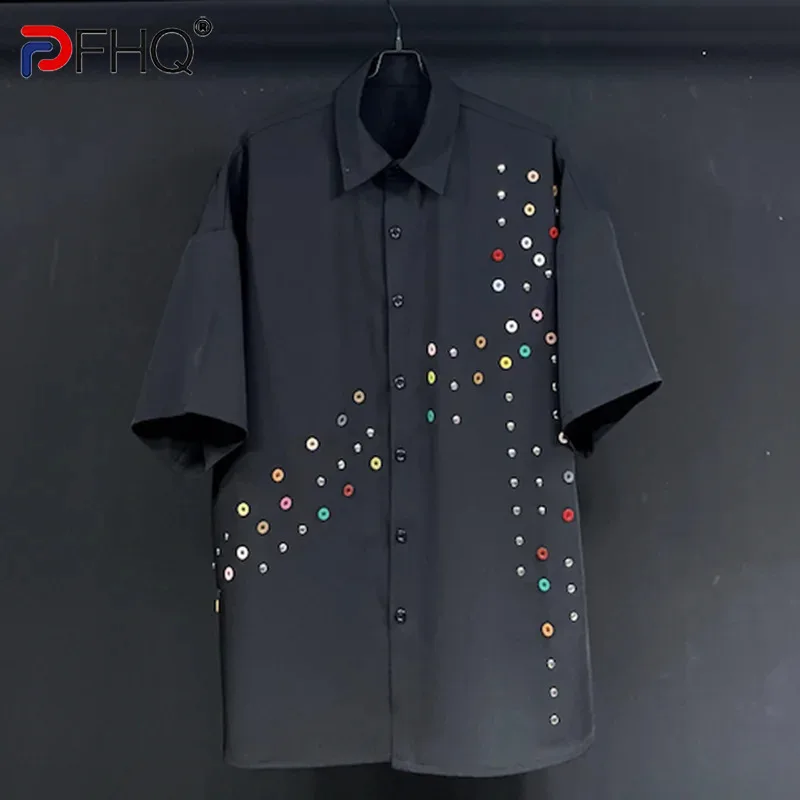 

PFHQ Button Metal Rivet Vintage Short Sleeved Shirt Men Loose Versatile 2024 Turn-down Collar Darkwear Fashion Tops 21Z5306