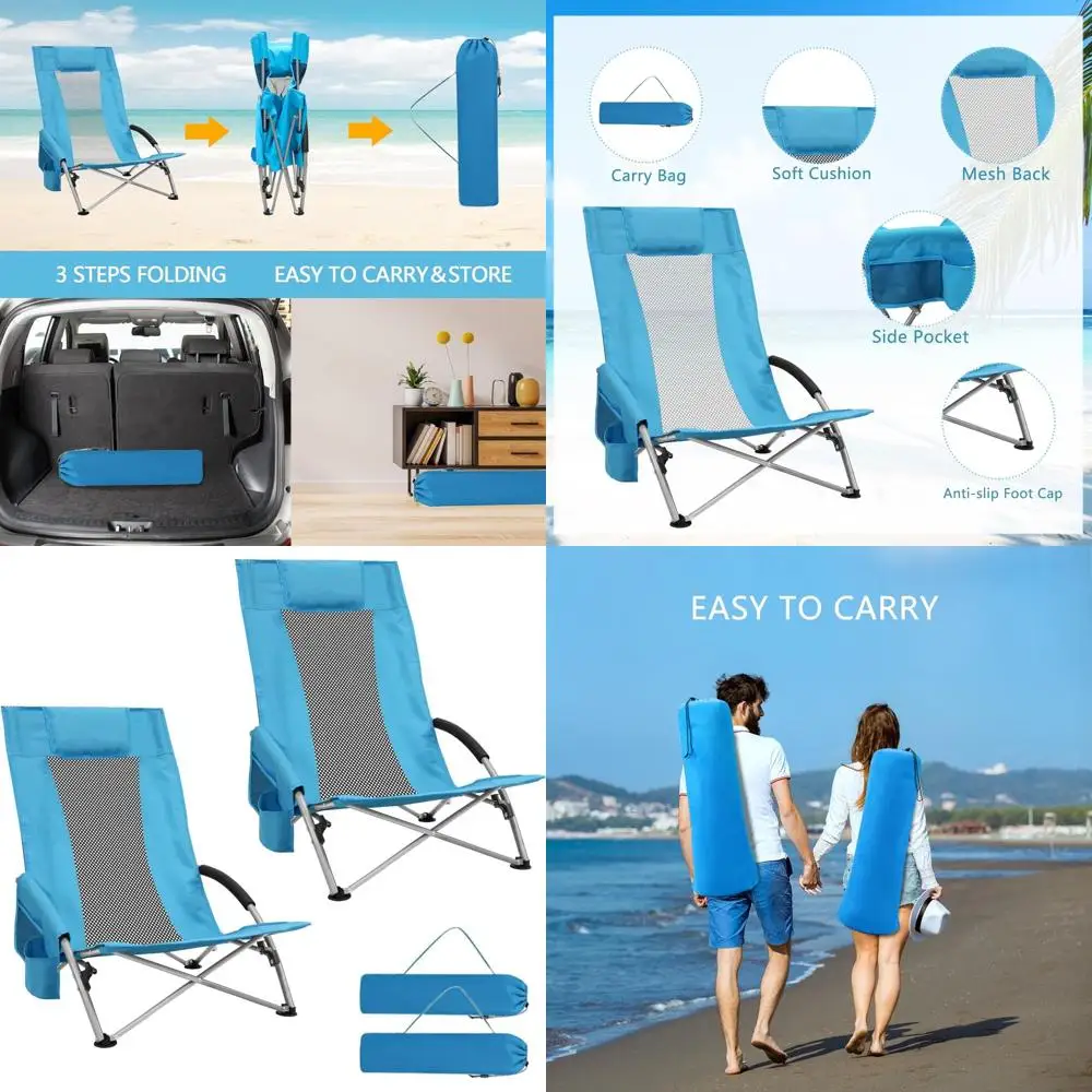 

Portable High Back Folding Chairs for 2, Beach and Camping Use with Carry Bag and Cup Holder - Blue