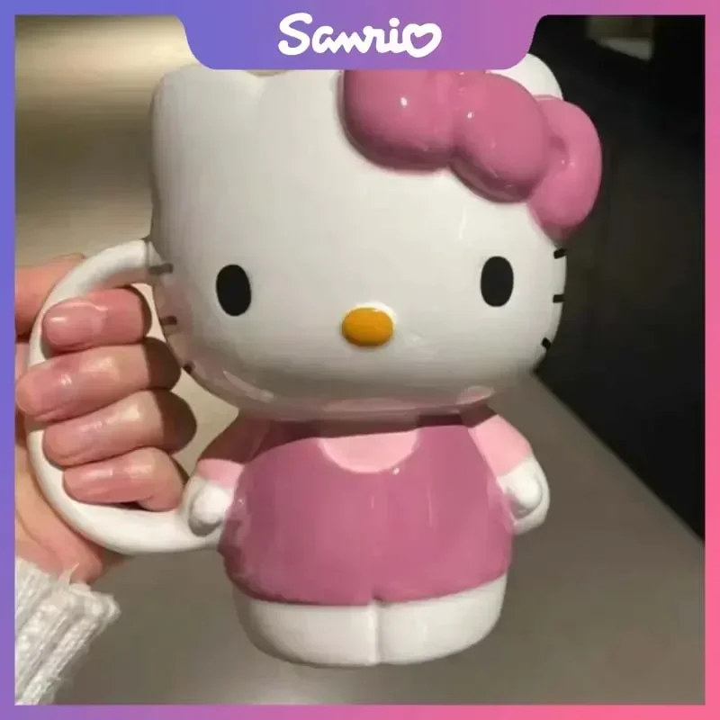 

New Sanrio Hello Kitty Figure Mug Kawaii Cartoon Cute Doll KT Cat Bow Tie Ceramic Water Cup Anime Toy Girl Kid Birthday Gift