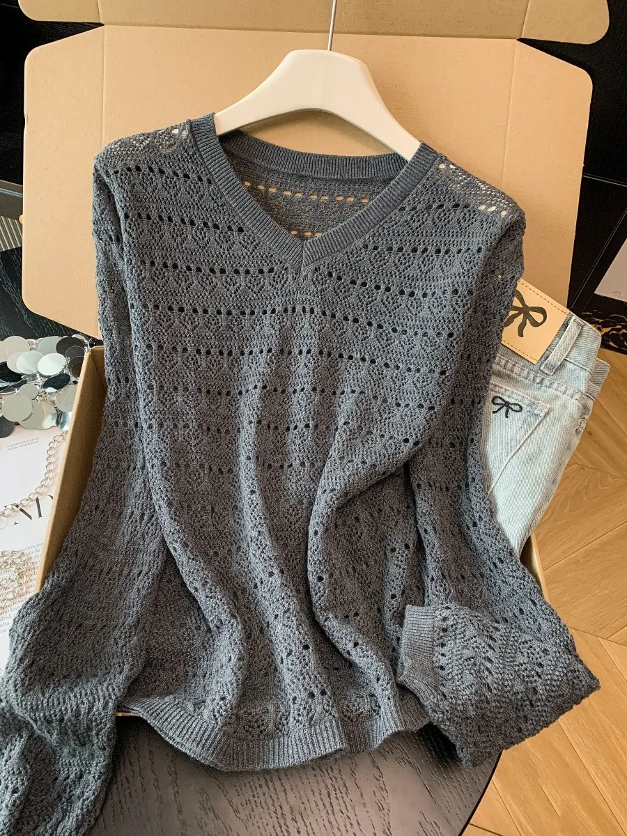 

Retro Hollow out Knitted ey Long Sve Women's Top Loose Fit Lazy Sle Spring New Arrival Slimming Effect Ci Walk Suitable