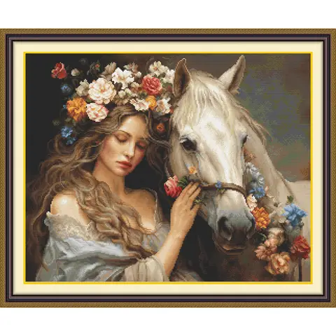 Joy Sunday Pre-printed Cross Stitch Kit  Easy Pattern Aida  Stamped Fabric Embroidery Set-Woman with Flowers and Horse