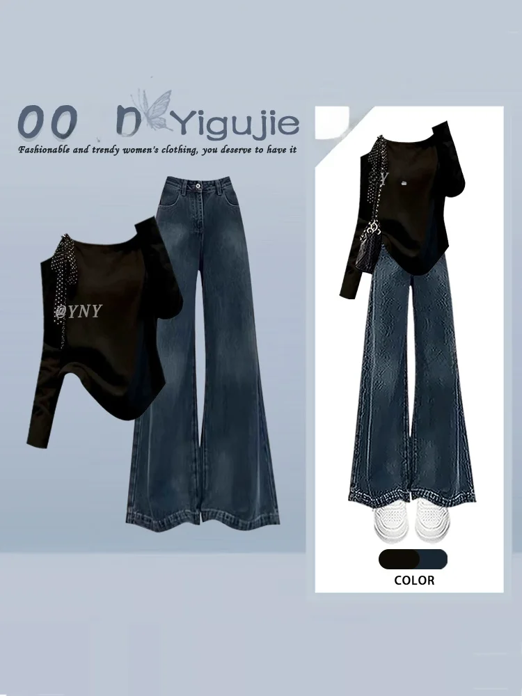 Unique Korean Polka Dot Bow Tie Black Asymmetrical Shoulder Top with High Waist Wide Leg Jeans Women's Two Piece Set Autumn F...
