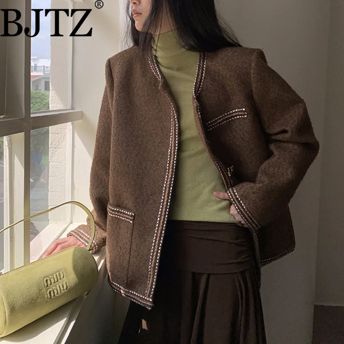 

BJTZ Women’s Pure Wool Tweed Jacket Coat, Winter Style Stand Collar Cardigan Warm Outerwear For Autumn