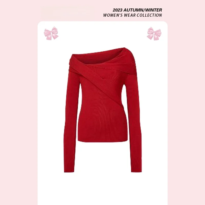 

Red Asymmetrical Hem Knitwear Women's Autumn Winter One-Shoulder Sweater Versatile Commute Style Long Sleeve plus Size