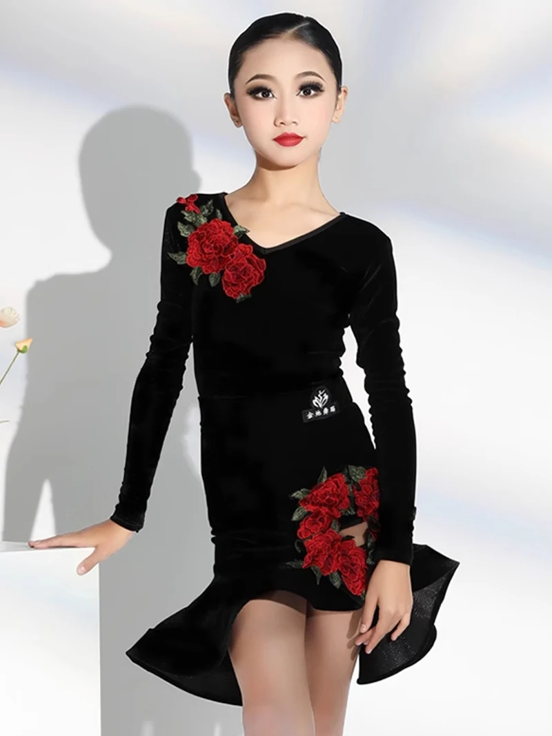 Children Professional Velvet Embroidery Flower Latin Dance Costumes Girls Kids Mesh Bodysuit Skirts Sets Competition Dancewear