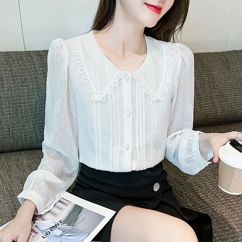 Spring and Summer New Elegant Temperament Women\'s Clothing Spliced Button Ruffle Edge Doll Neck Long Sleeve Solid Color Shirt