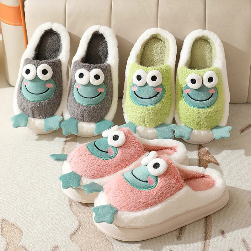 New Winter Kawaii Frog Pattern Plush Slippers Thick Bottom Home Cartoon Cotton Shoes Woman Indoor Non Slip Fluffy Fur Slippers