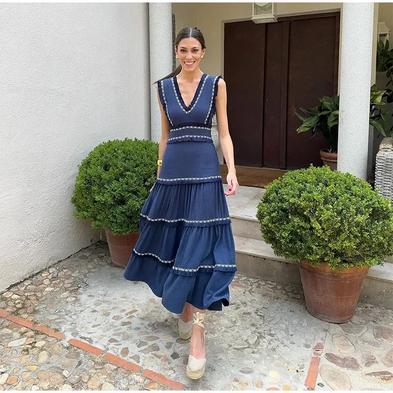 

Retro Tassel Splicing High Waist Sleeveless V-neck Cheongsam Dress Fashionable Women's Cross-border Clothing Knitted Dress