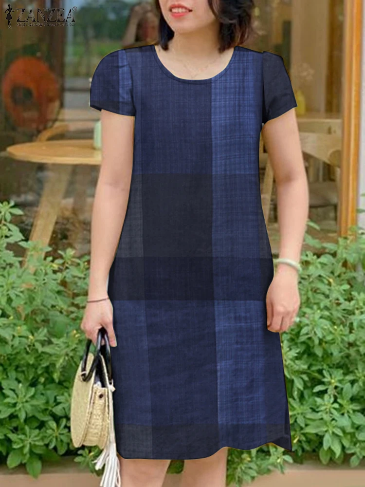 ZANZEA Abito da donna vintage a maniche corte scozzese a quadri 2025 Vestito estivo estivo Elegante O collo al ginocchio Abiti da lavoro Robe Femme