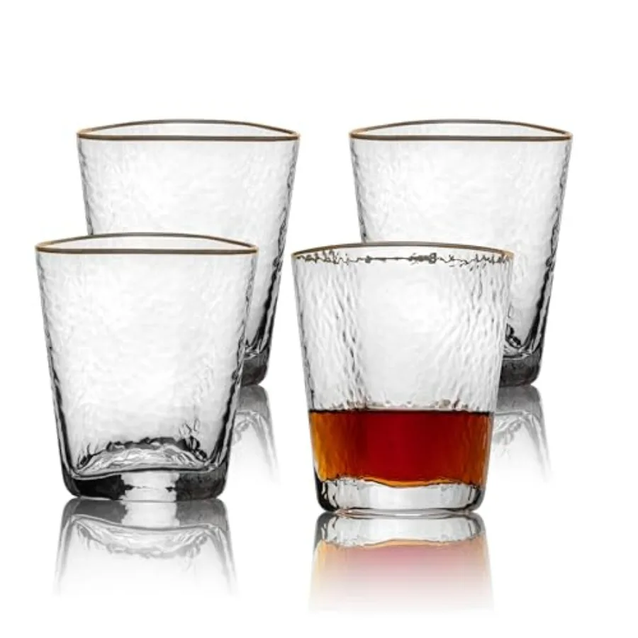 

Stylish Whiskey Glasses Set of 4 10 oz Gold Rimmed Hammered Lowball Glasses Perfect for Bourbon and Cocktail Enjoyment Elegant