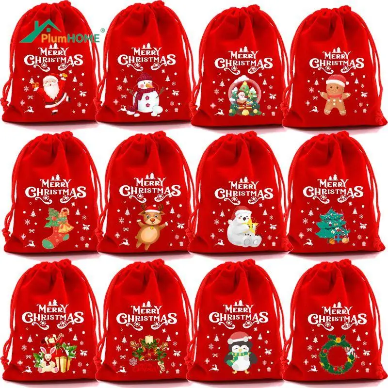 Christmas Velvet Bags 9x12 Small Candy Gift Bag Drawstring Pouch Xmas Favor Bracelet Jewelry Packaging Bags