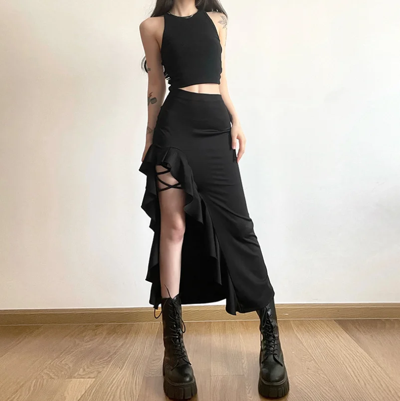 

Summer new women's solid color versatile slim fit street fashion high waisted hip hugging ruffled edge split skirt