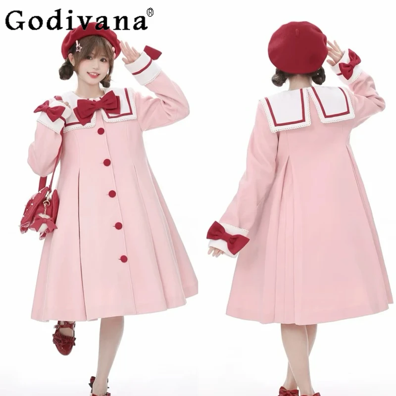

Japanese Lolita Pink Woolen Jacket Autumn Winter New Girls Women Slim Fit Elegant A-Line Long Coats College Style Sweet Overcoat