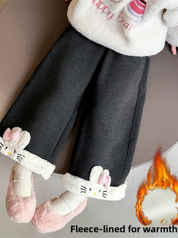 กางเกงขายาวเด็กผู้หญิง ลายพิมพ์น่ารัก เอวสูง ผ้าหนา อุ่น ใส่สบาย ทรงตรง ปลายขาจั๊มพ์