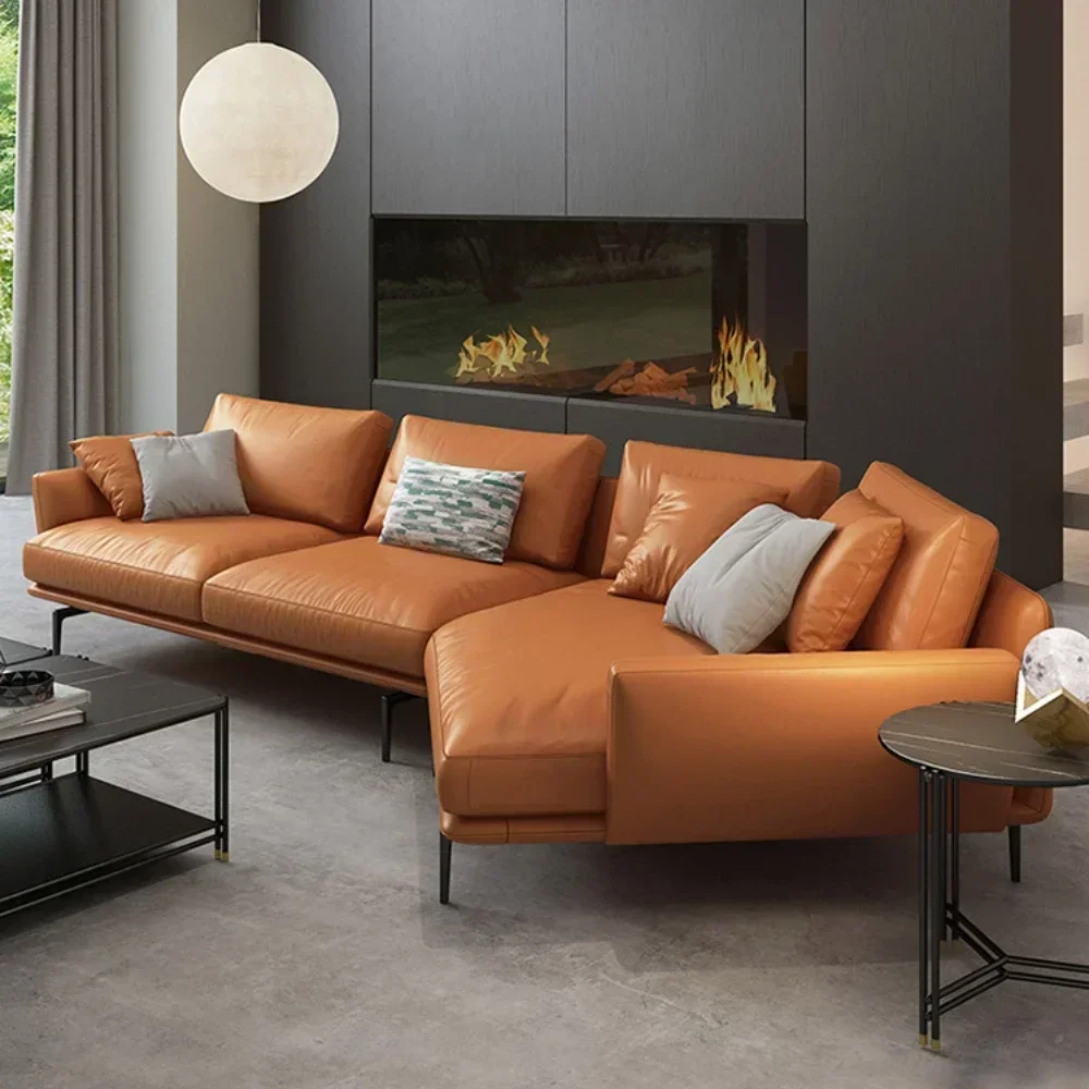 

Leather Sofa Combination Living Room Modern Orange Corner Sofa Light Luxury Ins Style