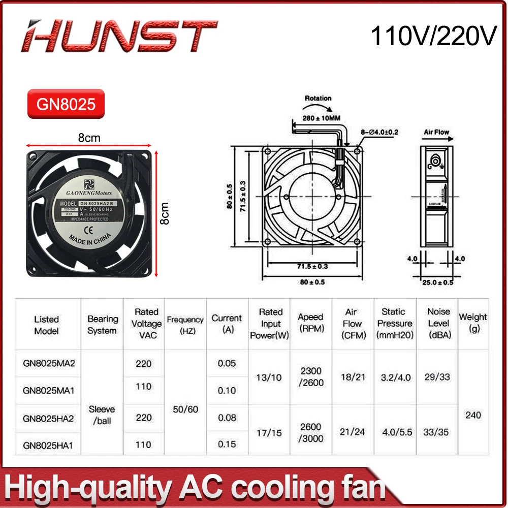 Hunst High Quality Cooling Fan Metal Aluminum Frame GN12038HA 120*120*38MM GN8025HA 80*80*25MM 110/220V AC 0.14/0.07A