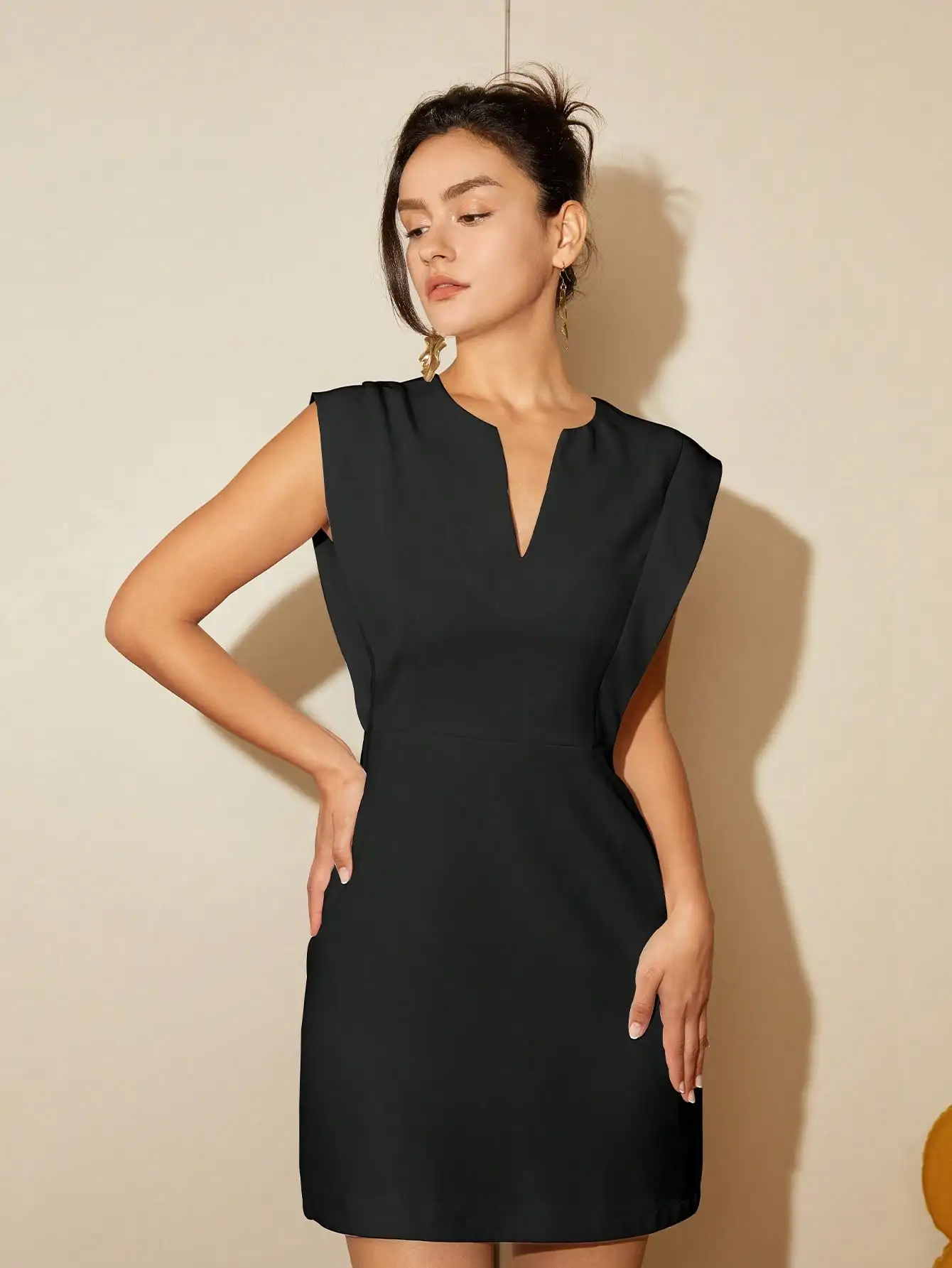 AEL Woman Fashion New Casual Elegant High Waist Sleeveless A Line Dress Solid Notched Neckline Dress