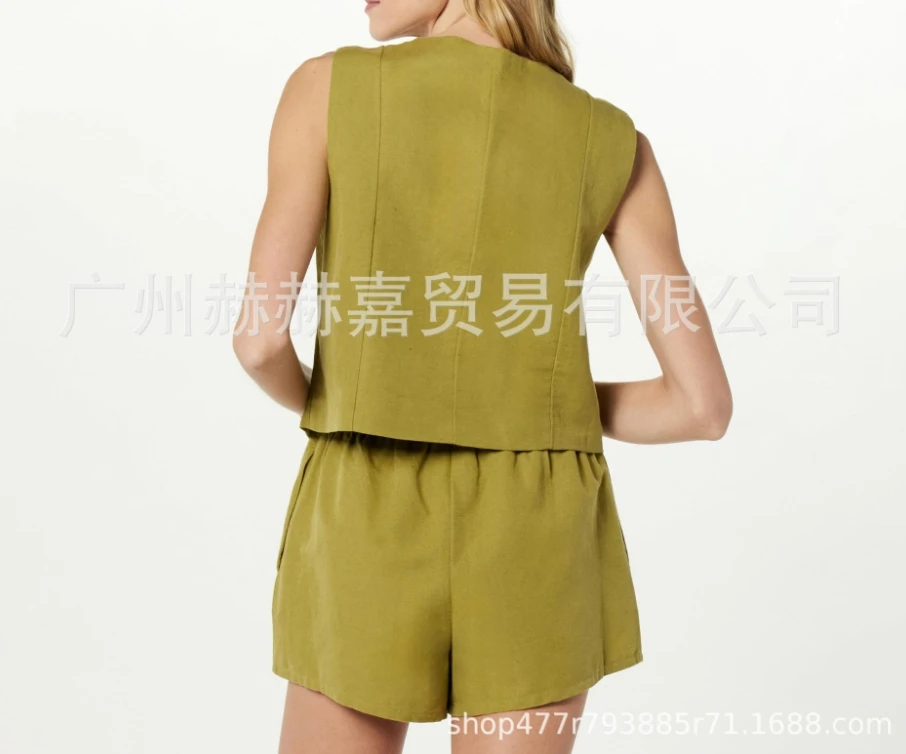 Versatile and Stylish V-Neck Sleeveless Short Vest Top with Elastic Waistband Shorts Set for Women's New Casual Summer Wear