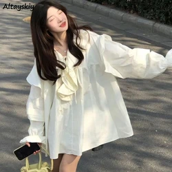 Flounced Edge Women Mini Dresses Peter Pan Collar Loose Solid Leisure Lovely Elegant Korean Style Fashion Vintage Streetwear
