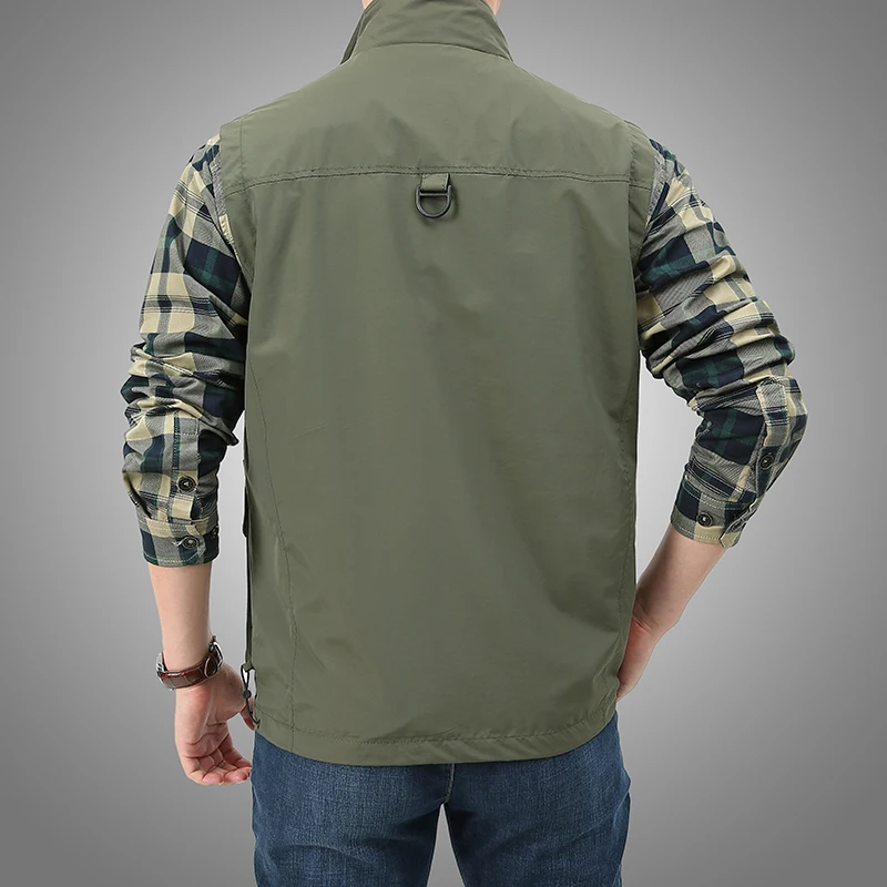 2024 Spring Men Outdoor Vest Multi-Pocket Solid Color Fishing Director Reporter Work Waistcoat Photography Casual Vest Jacket