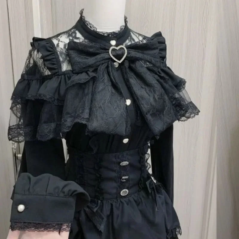 

Bow Lace Y2K Hoodies&Sweatshirts Spring Autumn Japan Lolita Long Sleeve Off Shoulder Button Lace Hoodie Pullover Shirt Tee New