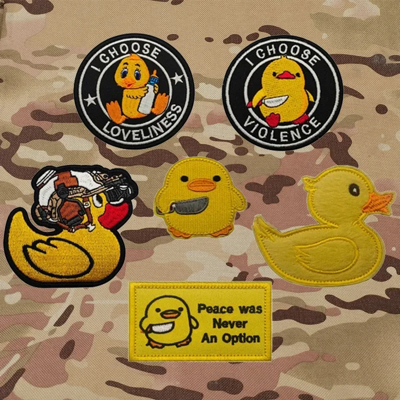 Duck holding knife embroidered patch Funny peanut cute duck animal badge Tactical armband clothing backpack applique accessories