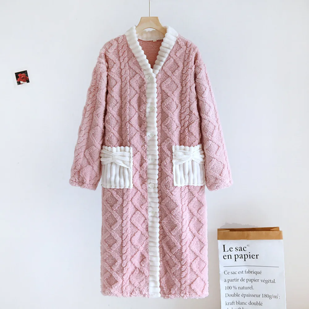 Flannel Thickening Women\'s Warm Robe Sleeping Sleepwear Winter Night Clothes Ladies Cardigan Night Gown Bathrobe Woman