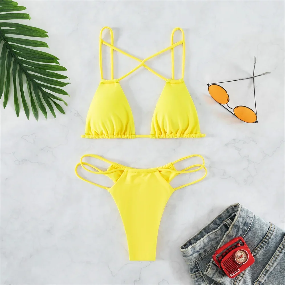 Biquíni amarelo extremo cruz corda sem costas sexy oco para fora sling maiô banho feminino praia micro tanga triângulo maiô