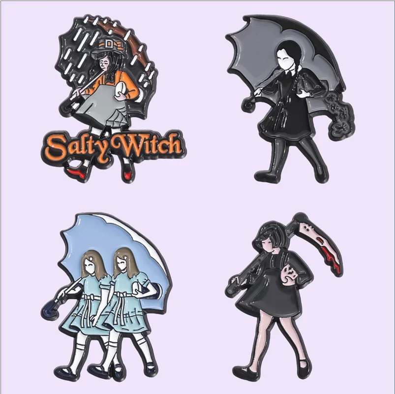 Cartoon Horror Movie Enamel Pins Salty Witch Umbrella Gothic Dark Movies Brooches Metal Lapel Badges Punk Jewelry Gift For Fans