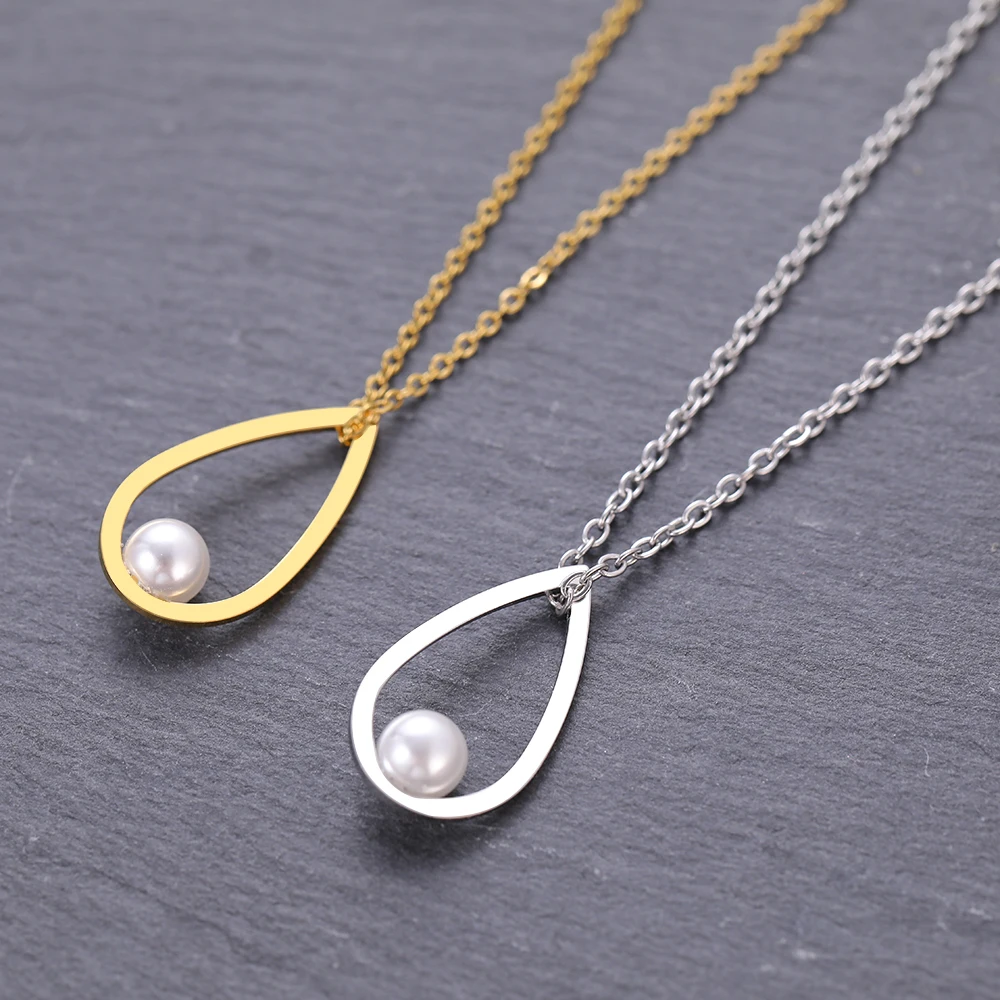 Stainless Steel Necklaces Simple Water Drop Imitation Pearl Pendants Chain Choker Fashion Necklace For Women Jewelry Party Gifts