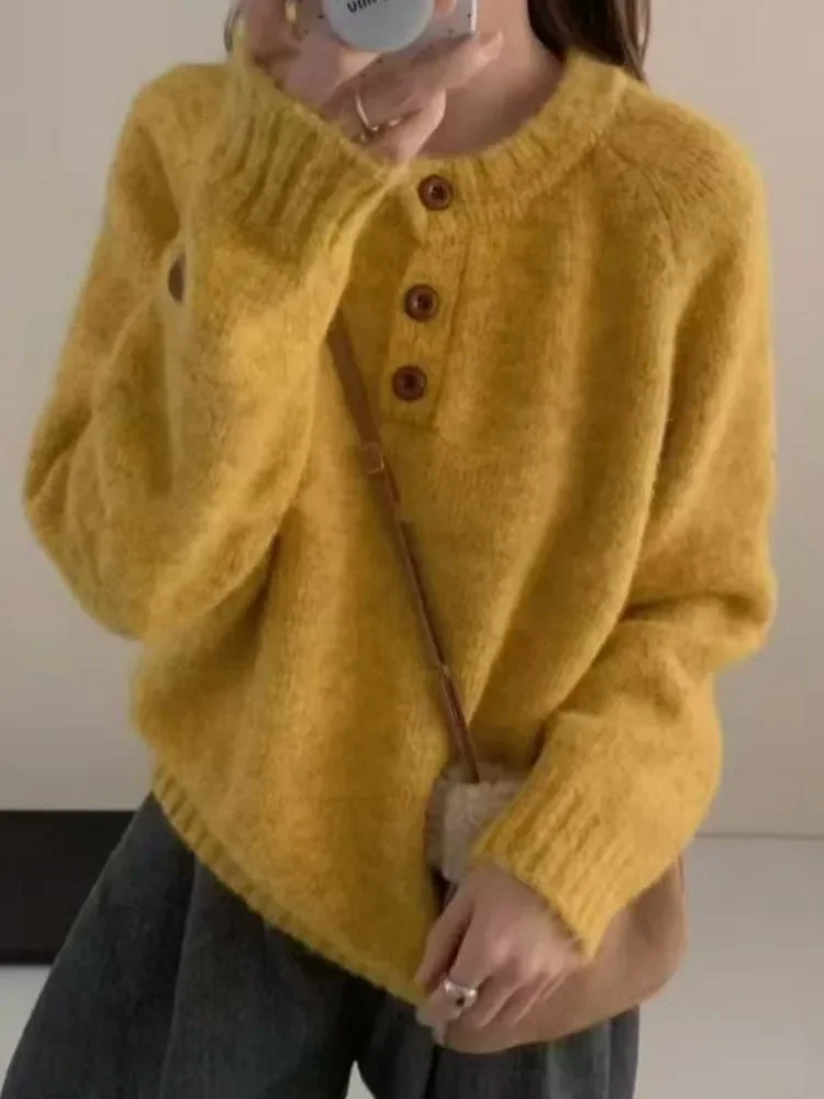 

Универсальные пуловеры с круглым вырезом и пуговицами, женская осенняя одежда 2025, повседневный модный джемпер Sueter Mujer, вязаный новый свободный свитер, топы