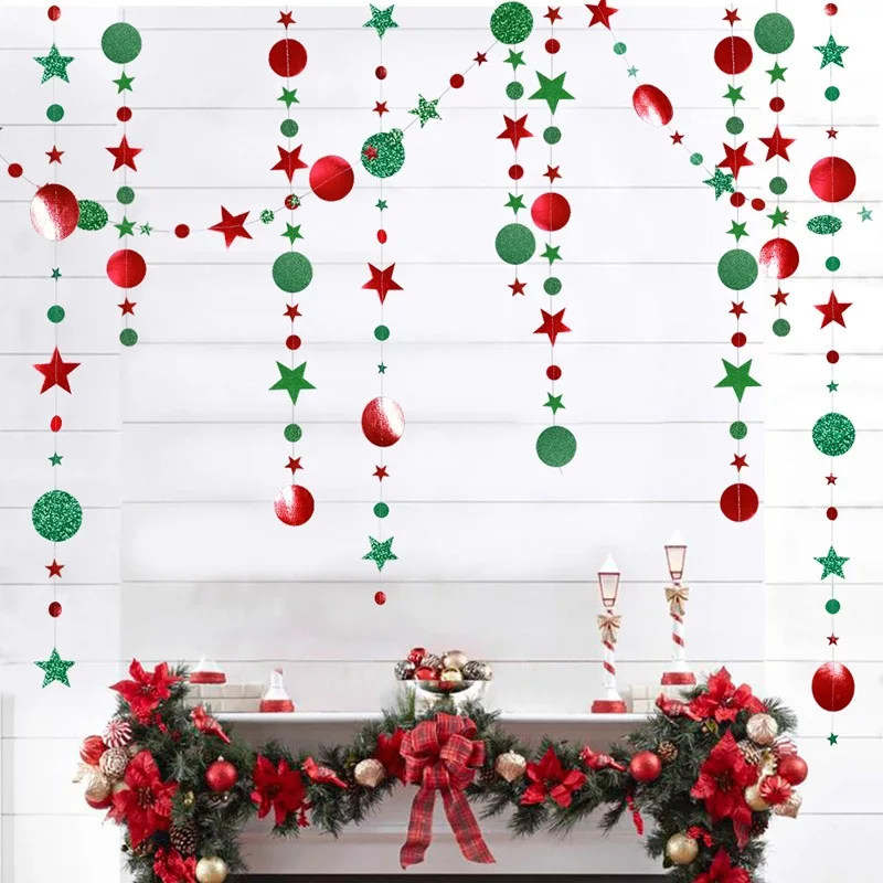 4M Red Green Star Round Paper Banner Garland Christmas Decorations For Home Ornaments Happy New Year 2025 Xmas Eve Party Decor
