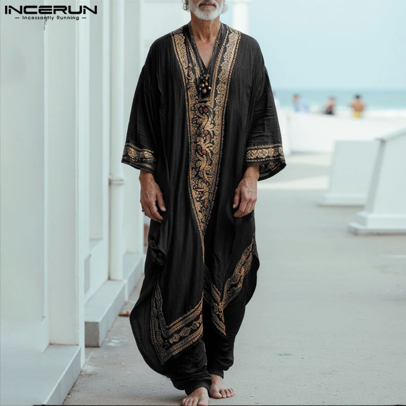 INCERUN Men Jubba Thobe Printing Patchwork V Neck Long Sleeve Male Robes Muslim Kaftan Loose 2025 Arab Casual Men Caftan Abaya