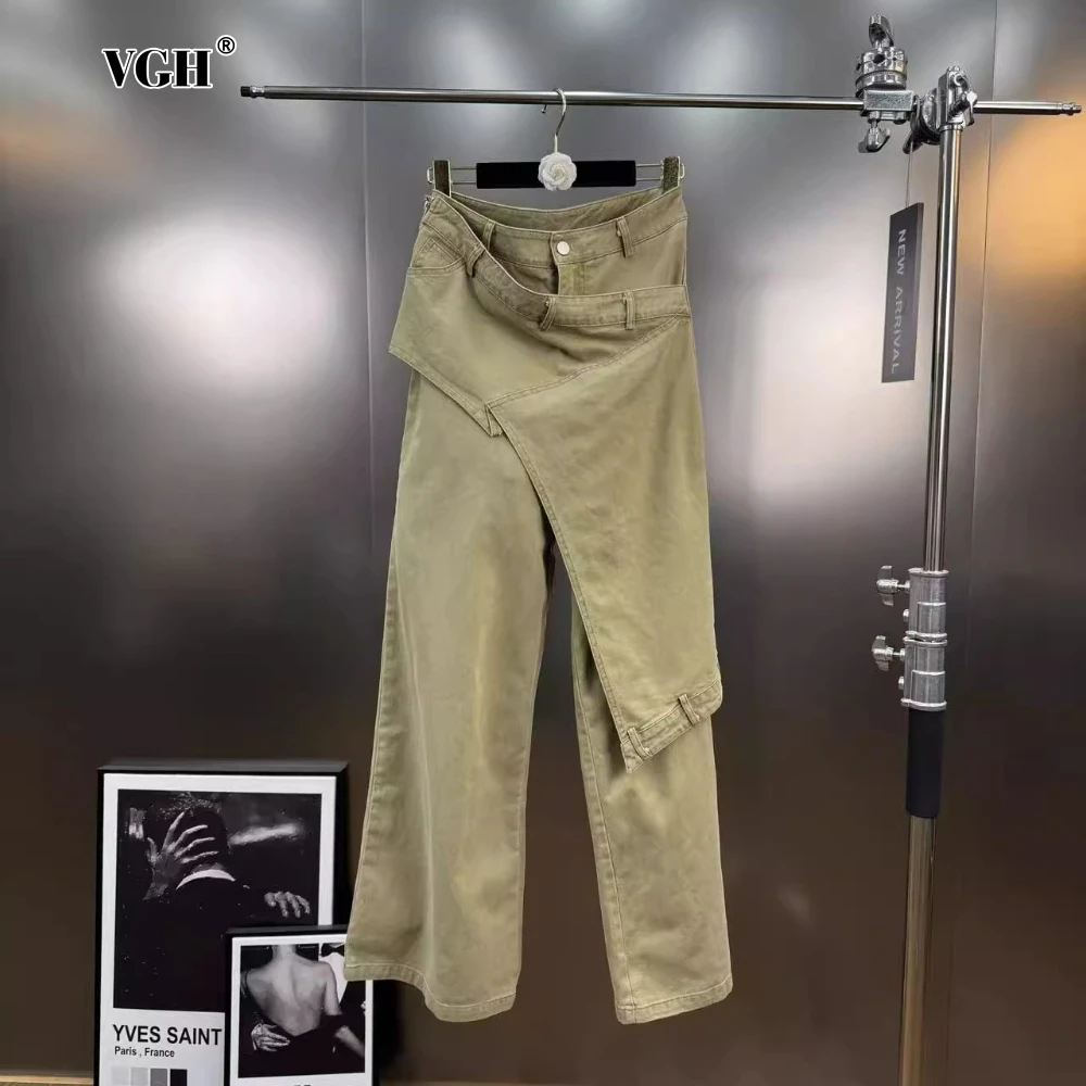 

VGH Y2k Steetwear Spliced Fake Two Piece Jeans for Women High Waist Patchwork Zipper Baggy Cargo Pants Female Autumn Clothes New