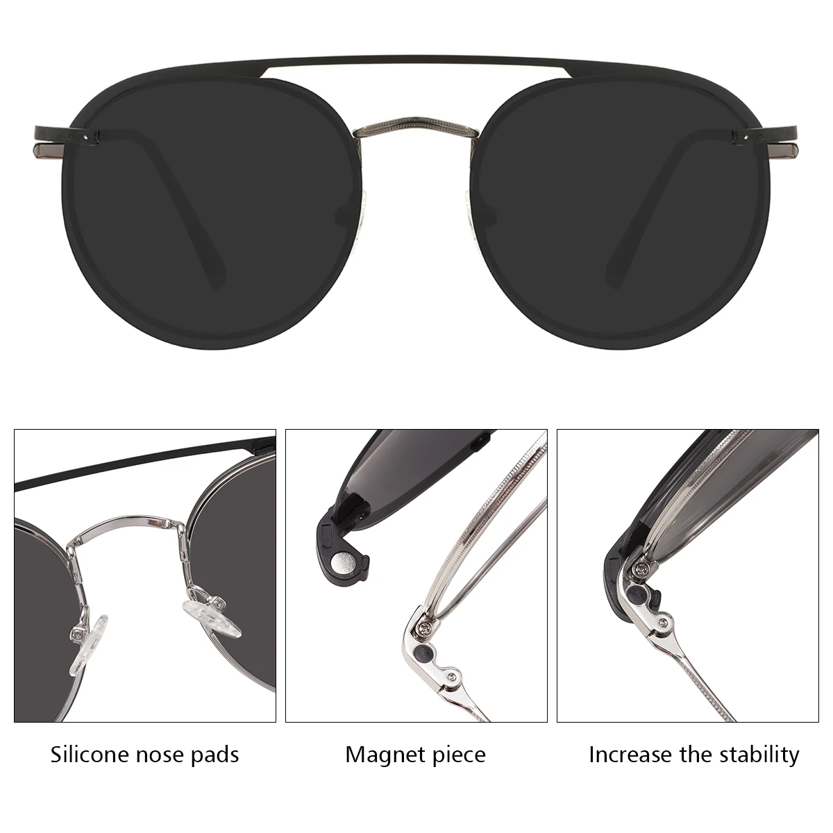 Stylish Men And Women Spectacle Metal Round Medium Size Glasses Frames With Polarized Magnetic Clip On For Prescription Lenses