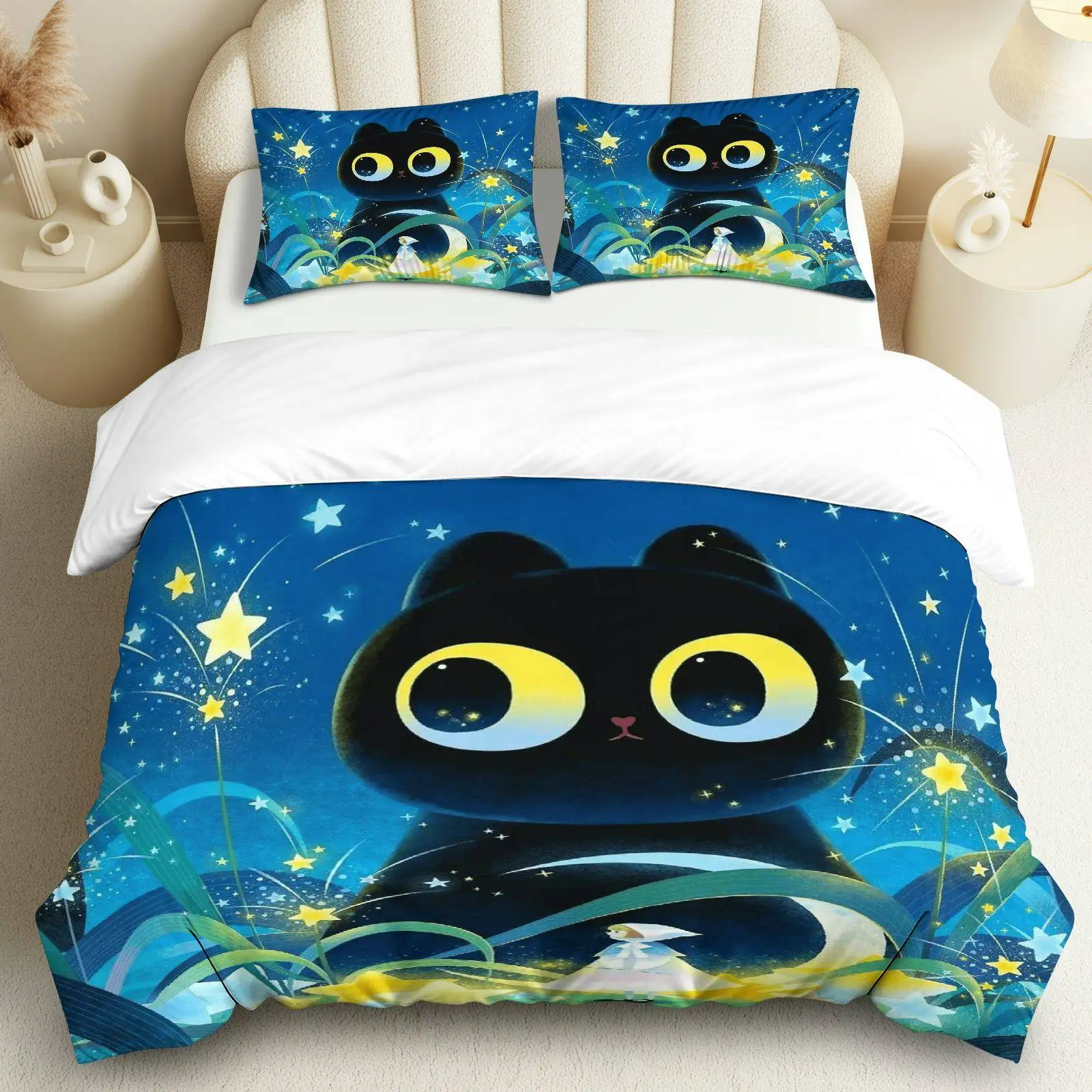 

3PCS Duvet Cover, 1 Duvet+2 Pillowcases(Without filler), Cute Cat Design Suitable for decoration Bedroom, Dormitory